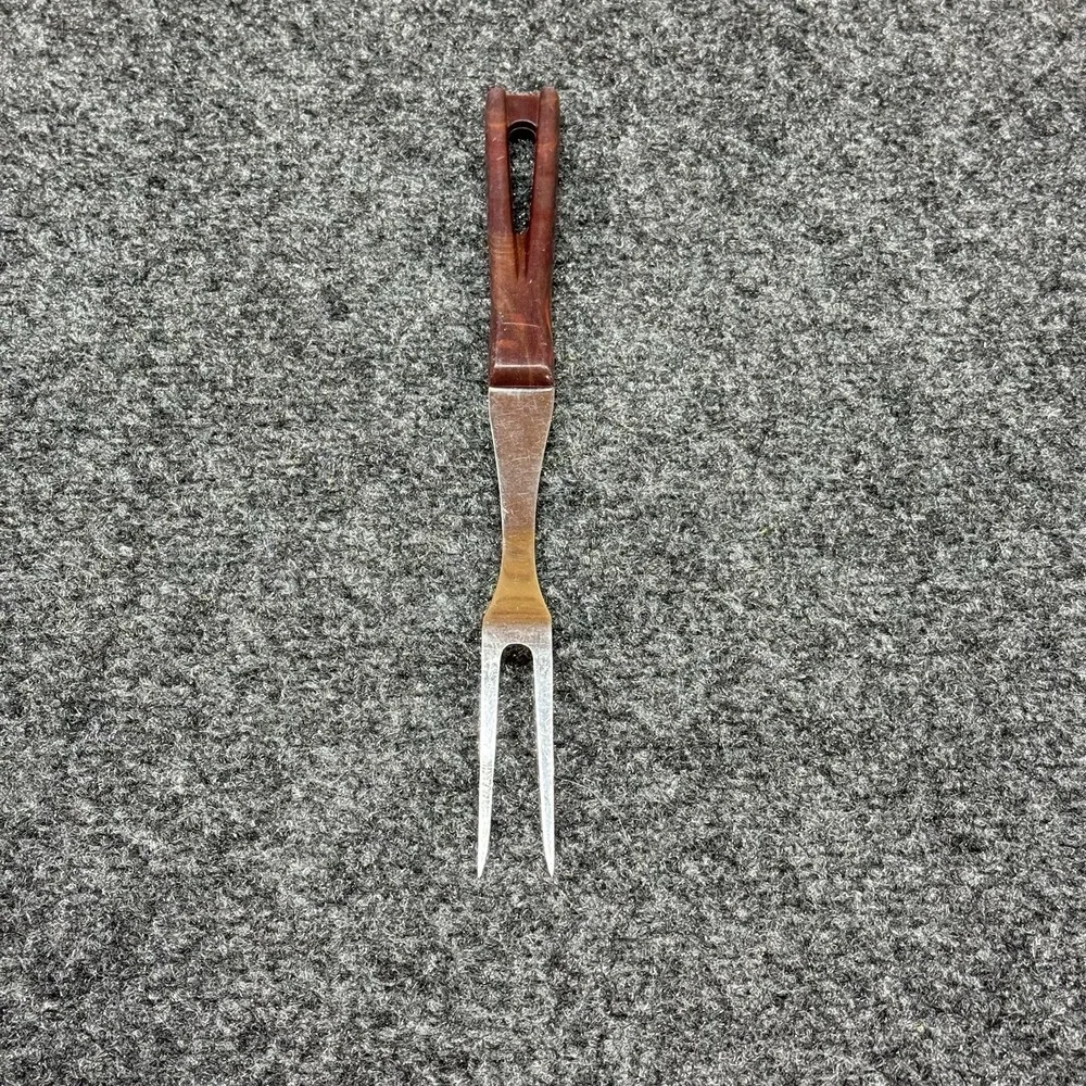 Vintage Stanhome Stainless 2-Prong Meat Serving Fork Red Swirl Bakelite Handle
